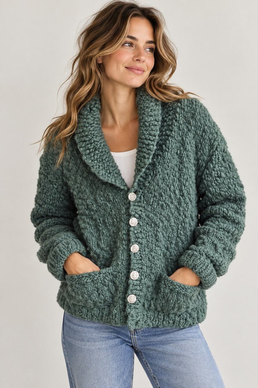 Handmade Chunky Knit Cardigan Sweater Green Shawl Collar Cozy Cottagecore Boho